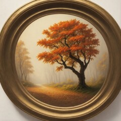 painting of a tree in a golden frame on a wall