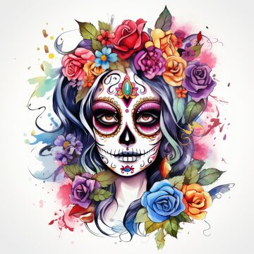 Woman sugar skull with beautiful colored flowers on white background.