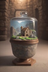 there is a small house in a glass jar on a stand