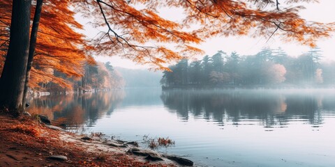 Serene lake surrounded by trees, their leaves a mix of autumnal colors and barren branches, a hint of frost in the air , concept of Tranquil oasis
