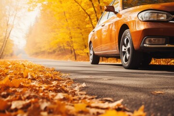 Car on asphalt road on an autumn day at the park.