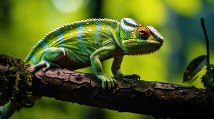Fototapeta premium Chameleon reptile perches on a branch.