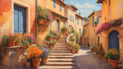 Fototapeta na wymiar The streets of Italy or Spain are decorated with beautiful colorful flowers, in watercolours