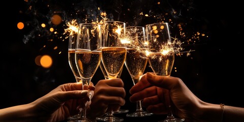 Hands toasting with champagne glasses. AI Generated.