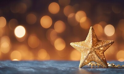 Sparkling Golden Christmas Star. Ornament Decoration Defocused Bokeh Background.
