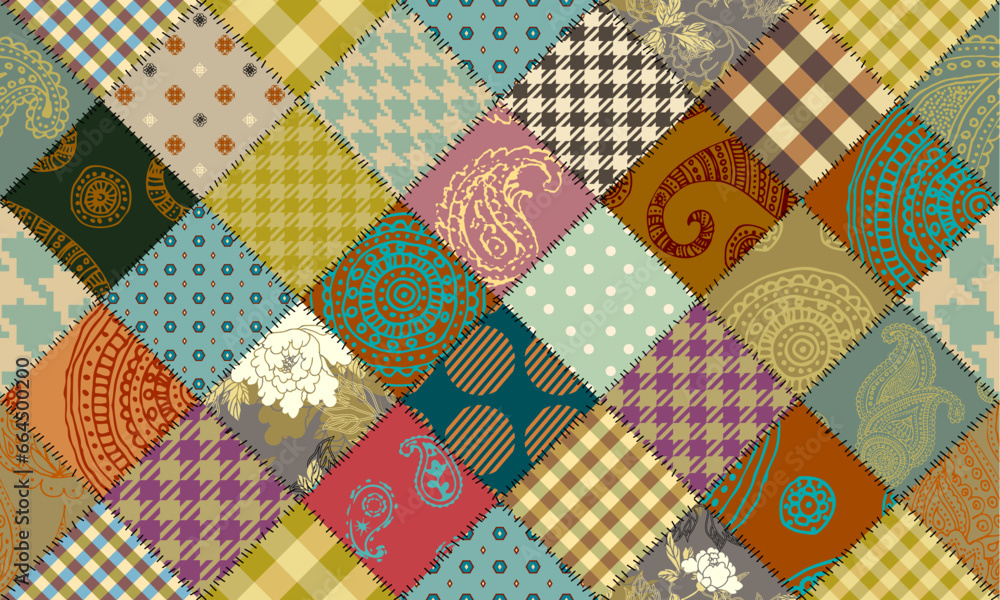 Poster Quilting design patchwork pattern with natural khaki colors. Vector pattern.