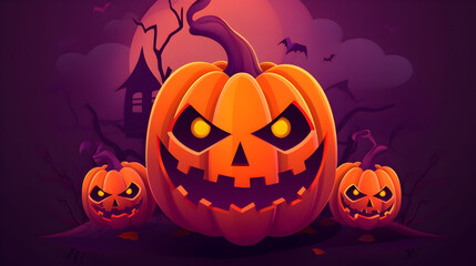 Fototapeta premium Halloween scary pumpkin vector style, candles and bats in a dark forest at night