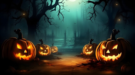 Halloween background with scary pumpkins dramatic sky in a dark forest at night
