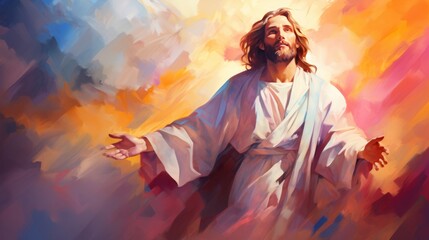 Colorful painting of Jesus Christ in the style of digital illustration, art painting on colored paper