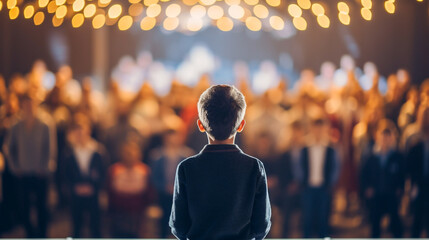 A small child speaks on a stage in front of an audience - obrazy, fototapety, plakaty