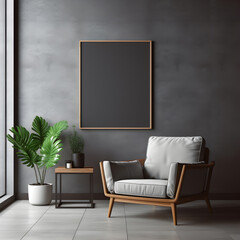 Interior design with wooden poster frame on the wall