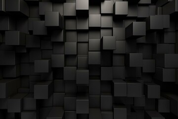Smooth, dimensional wall backdrop adorned with tiles. Square wallpaper featuring black, modern blocks. Digitally generated 3D rendering. Generative AI