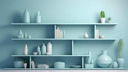 3d illustration of light blue shelves in the interior with various objects