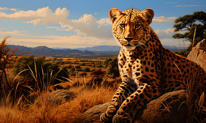 Serene African Wildlife, Captivating Beauty Illuminated by Natural Light, leopard - obrazy, fototapety, plakaty