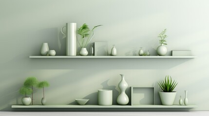 3d illustration of light green shelves in the interior with various objects