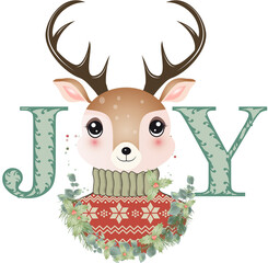 niedlicher Hirsch mit Weihnachts Pullover im Joy Schriftzug 