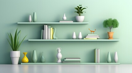 3d illustration of light green shelves in the interior with various objects