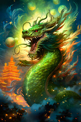 Green Chinese dragon against a background of bright lights and buildings. New Year symbol