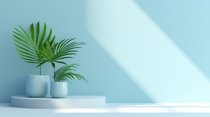A simple abstract light blue background for product presentations with complex lights and shadows from windows and plants on the walls
