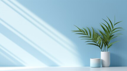 Fototapeta na wymiar A simple abstract light blue background for product presentations with complex lights and shadows from windows and plants on the walls