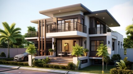 Beautiful house model, one and a half floors, modern, 3 bedrooms, 2 bedrooms, complete with functions. - obrazy, fototapety, plakaty