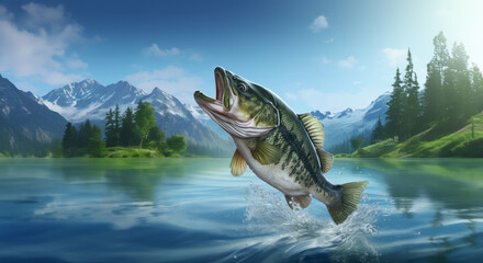 Largemouth Bass Mountain Lake created with Generative AI Technology, ai, generative