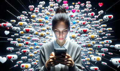 A woman staring at her phone, surrounded by reactions and emojis. Overstimulated. Social media addiction. Doomscrolling. Bored. In a trance. The attention economy. Instant gratification. FOMO. - obrazy, fototapety, plakaty
