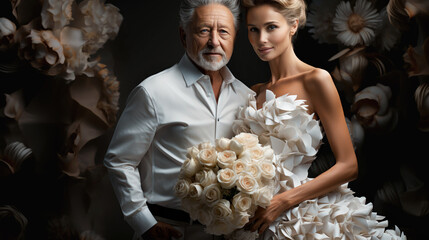 Married portrait of an adorable couple with age difference. Happy lovers couple she young woman and older man celebrating your wedding. generative AI