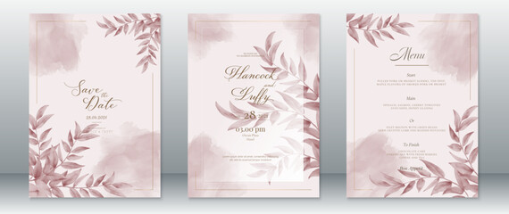 Wedding invitation card template nature leaf design with gold frame and watercolor background