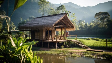 Obraz premium Small bamboo hut homestay design, cute and traditional design. Complete a simple life The background is between a river and mountains. Morning light.