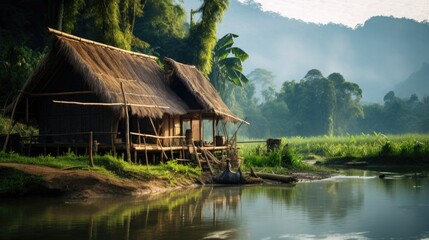 Small bamboo hut homestay design, cute and traditional design. Complete a simple life The background is between a river and mountains. Morning light.