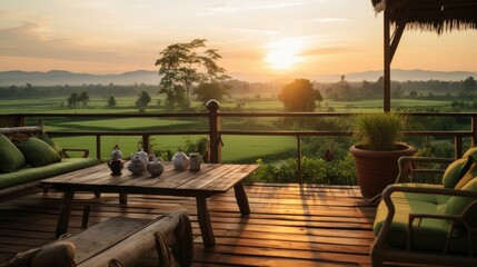 sunrise on deck, overlooking green grassy fields, in the style of cambodian art, rustic charm, studyblr, spectacular backdrops, eclectic design, thai art