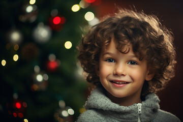 Image generative AI happy children on a blurred background of a bright Christmas garland