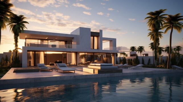 The simple, modern, cube-shaped exterior of the villa looks classy. Stunningly beautiful with a large swimming pool surrounded by palm trees.