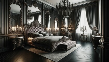 Luxurious bedroom reflecting modern gothic design. The room is dominated by deep tones, with a standout bed featuring an ornate headboard. Antique mirrors, candelabras, and intricate patterns.