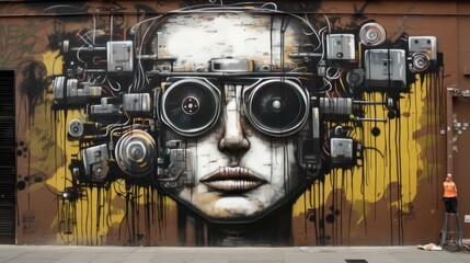 Illustration of urban street art painting on wall graffiti , robot and city