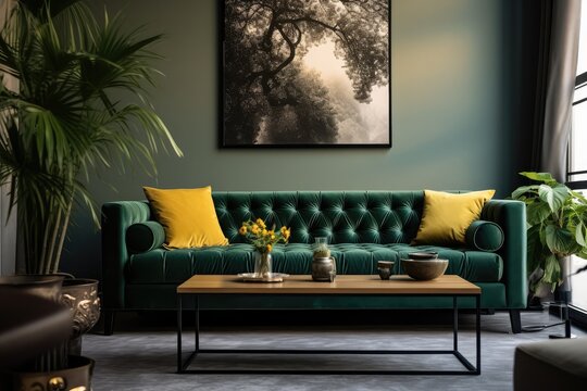 Green tufted velvet chesterfield sofa and poster