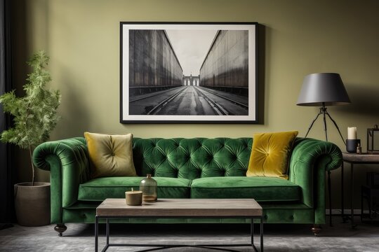 Green tufted velvet chesterfield sofa and poster