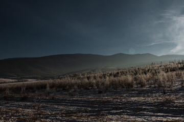 Winter landscape on the Sayan Mountains located in Siberia near Lake Baikal