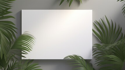 Illustration of blank mockup poster hanging against concrete wall surrounded by greenery.