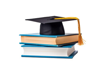 front view of stacked books, a graduation cap for education day isolated white background