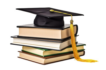 front view of stacked books, a graduation cap for education day isolated white background