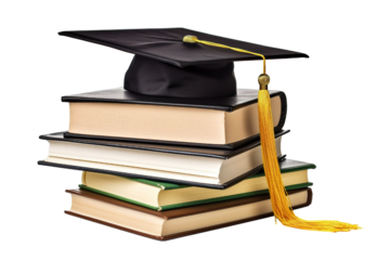 front view of stacked books, a graduation cap for education day isolated white background