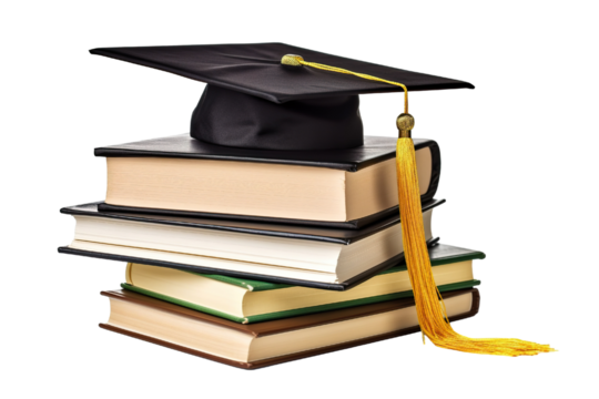 front view of stacked books, a graduation cap for education day isolated white background