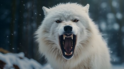Obraz premium Snarling White Wolf in a Moody Winter Scene. A White Wolf Bares Its Teeth in a Snowy Forest. White Wolf’s Snarl in Dark Forest. Generative AI