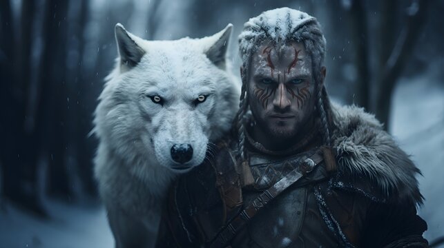 A White Wolf and a Mysterious Warrior in a Winter Forest. A Fierce Wolf and a Brave Warrior Face Off in the Snow. Generative AI