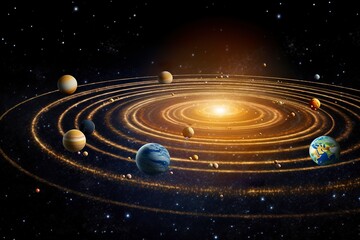 Fototapeta premium Our 3d Solar system with planets in orbits path.