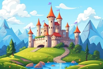 A World of Imagination. A 3D Landscape with Blue Sky, White Clouds, Green Grass, Mountains, a River, and a Large Castle.