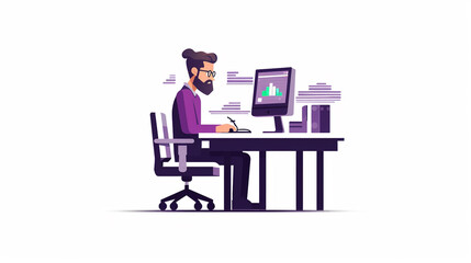 Illustration of a person setting up their business profile on a computer at a desk. appear focused and determined