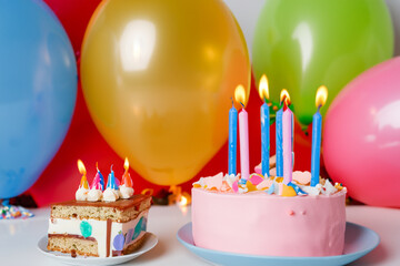 birthday party balloons, colourful balloons background and birthday cake with candles